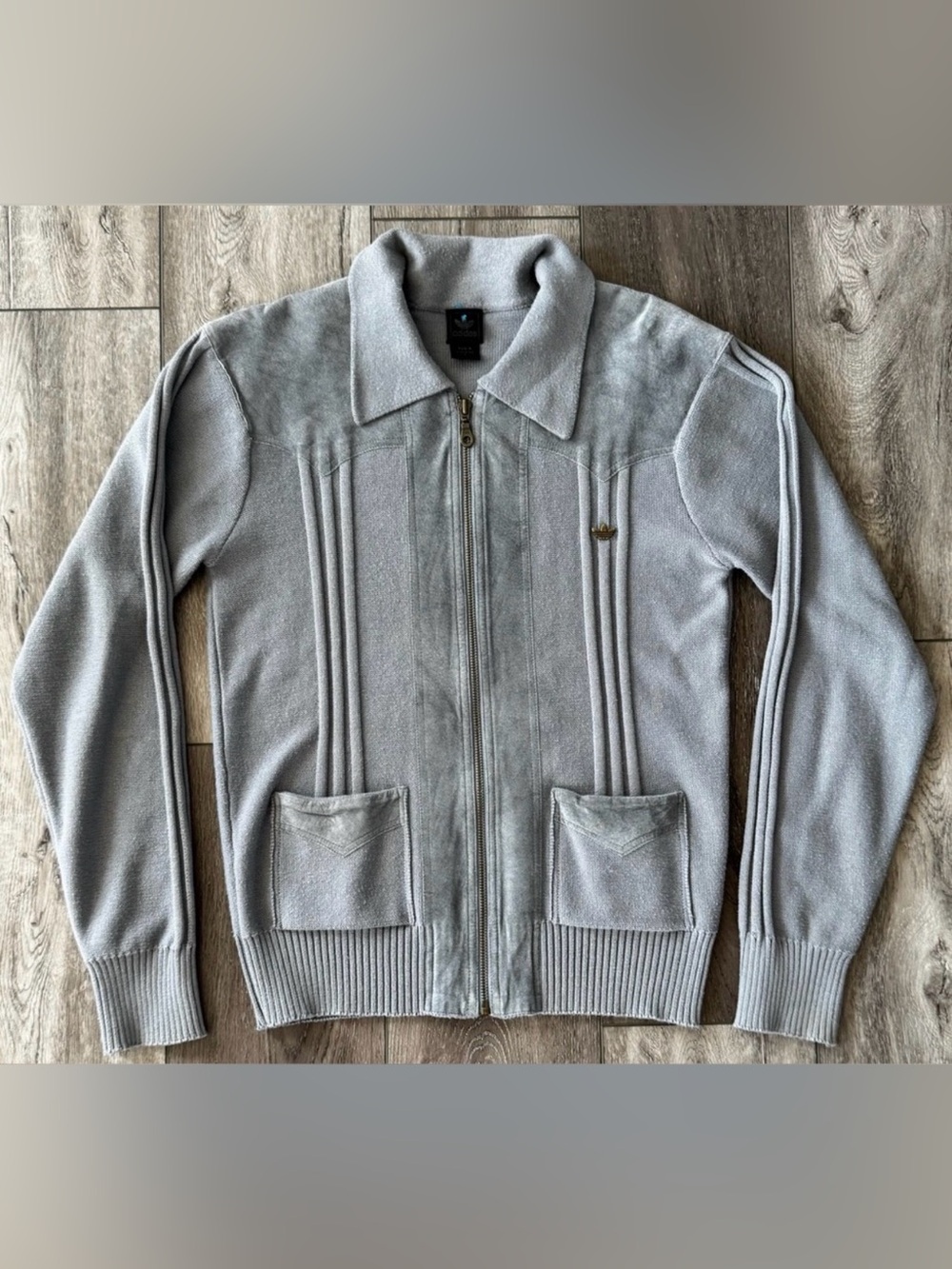 ADIDAS ORIGINALS Trefoil Knit Full Zip Cardigan Sweater SUEDE TRIM Men’s SMALL